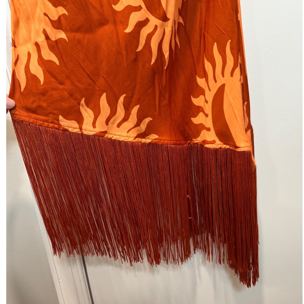 Farm Rio for Anthropologie Sun Motif One Shoulder Fringe Midi Dress Orange L NWT - Picture 6 of 13